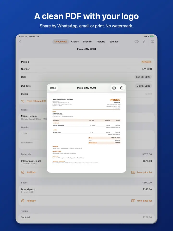 A finished invoice PDF with the business logo