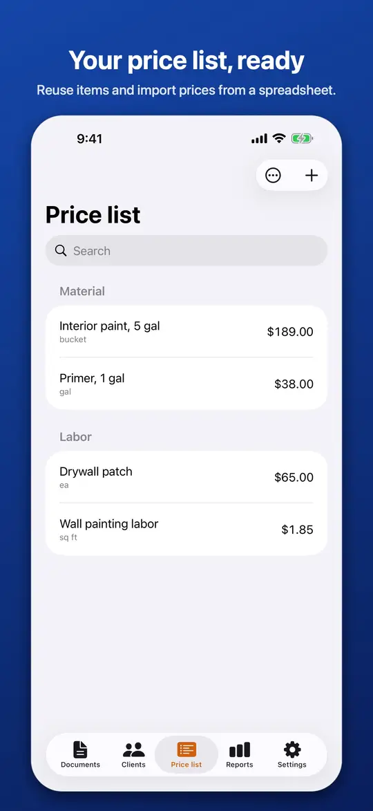 The price list with saved materials and labor
