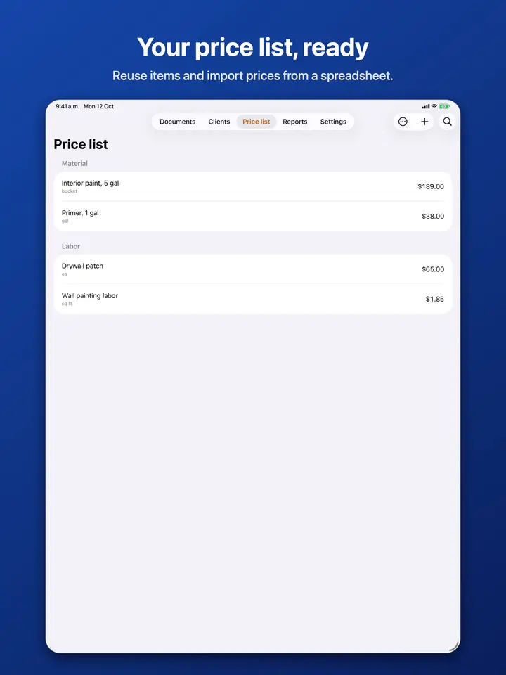 The price list with saved materials and labor