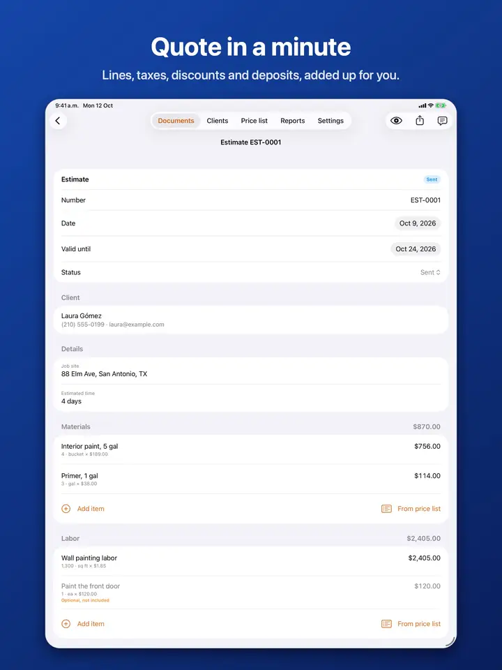 Editing a quote with client, job details and material lines