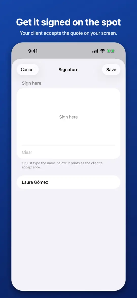 The client signing a quote on the screen