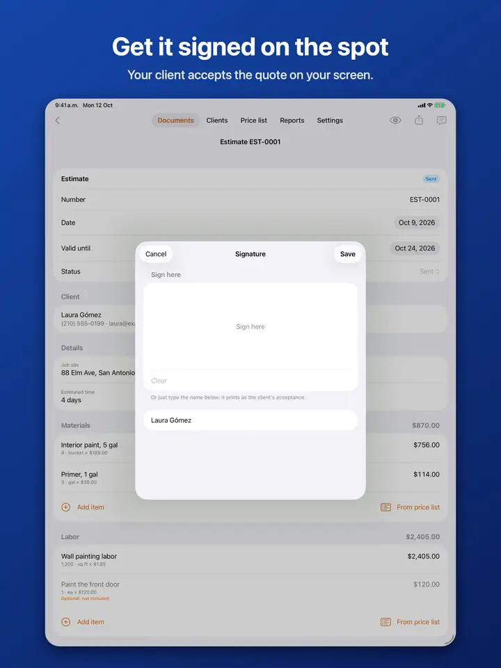 The client signing a quote on the screen