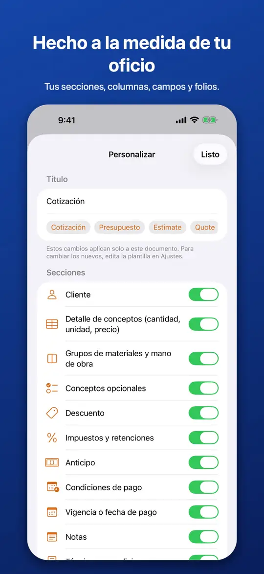 Pantalla para personalizar, con un interruptor para cada sección del documento
