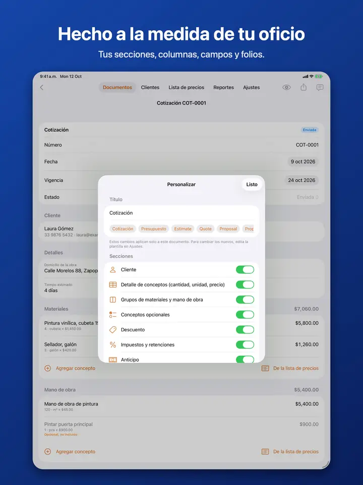 Pantalla para personalizar, con un interruptor para cada sección del documento