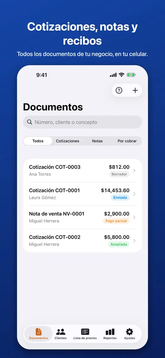 La lista de documentos con cotizaciones y notas de venta, y su estado