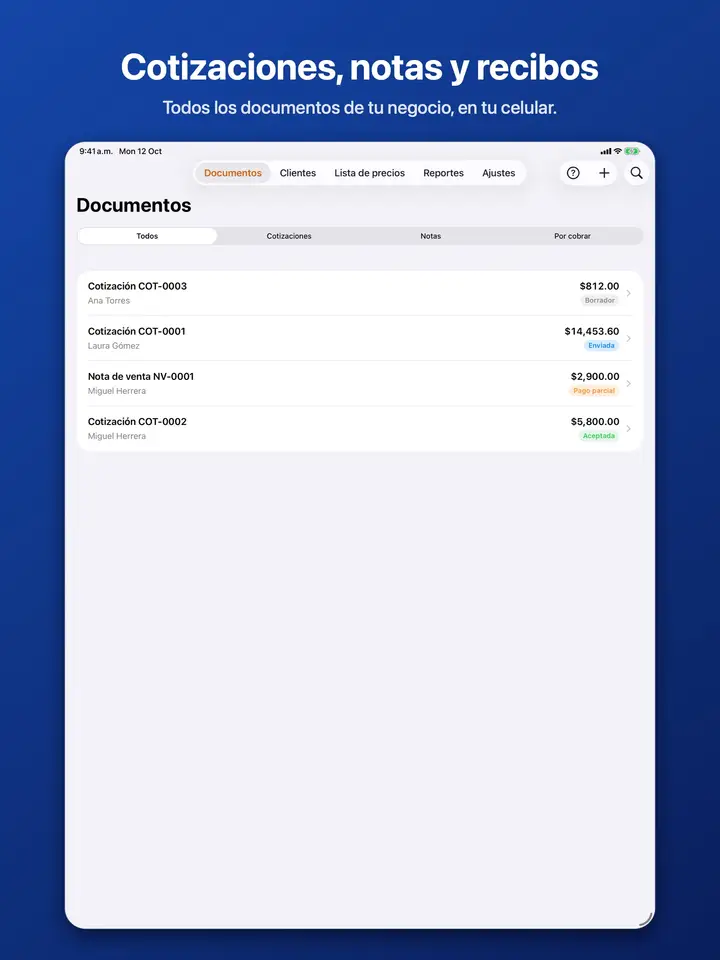 La lista de documentos con cotizaciones y notas de venta, y su estado