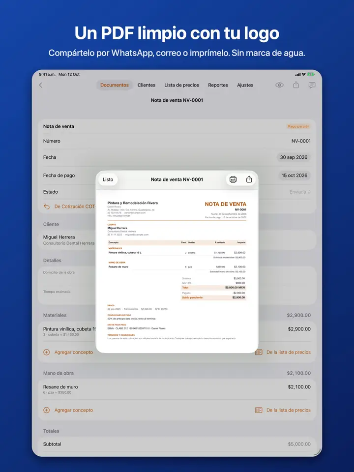 Una nota de venta terminada en PDF con el logo del negocio