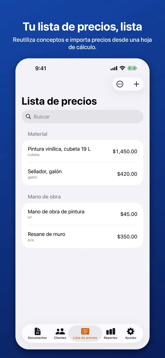 La lista de precios con materiales y mano de obra guardados