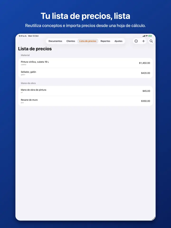 La lista de precios con materiales y mano de obra guardados