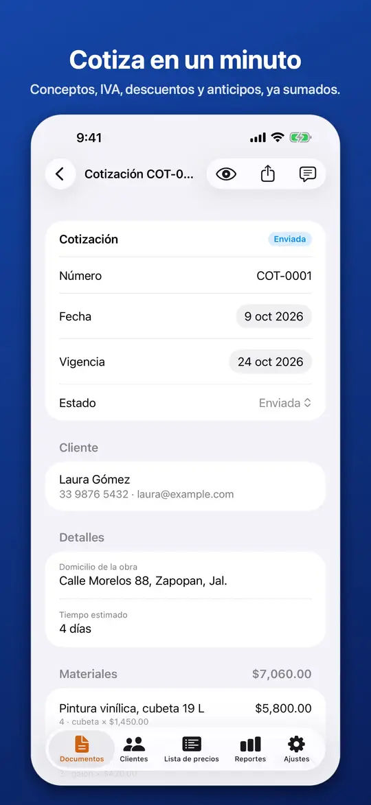 Edición de una cotización con cliente, datos del trabajo y renglones de materiales