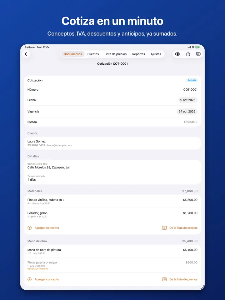Edición de una cotización con cliente, datos del trabajo y renglones de materiales