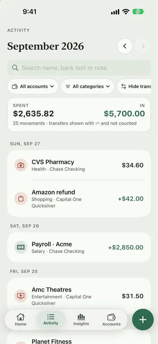 The activity list of your transactions
