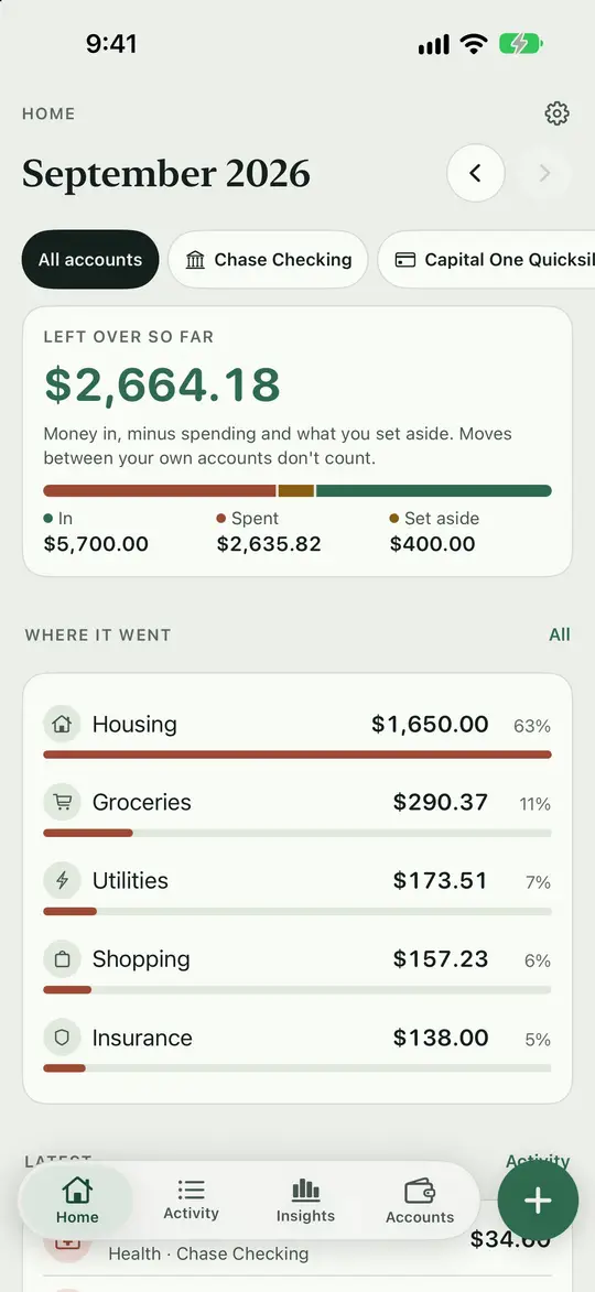 The home screen with your balance and spending summary