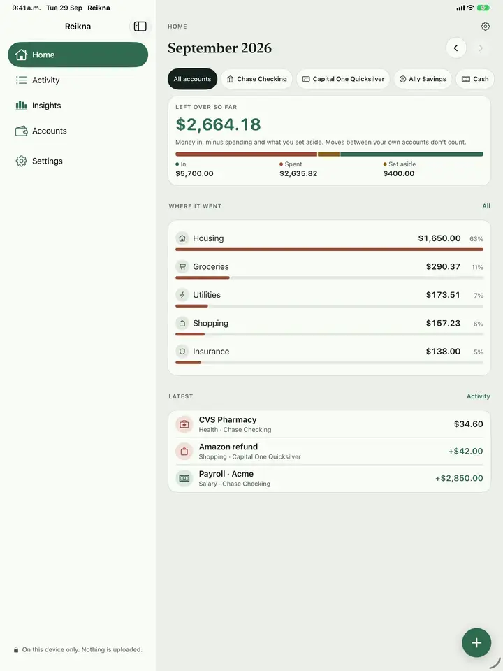 The home screen with your balance and spending summary