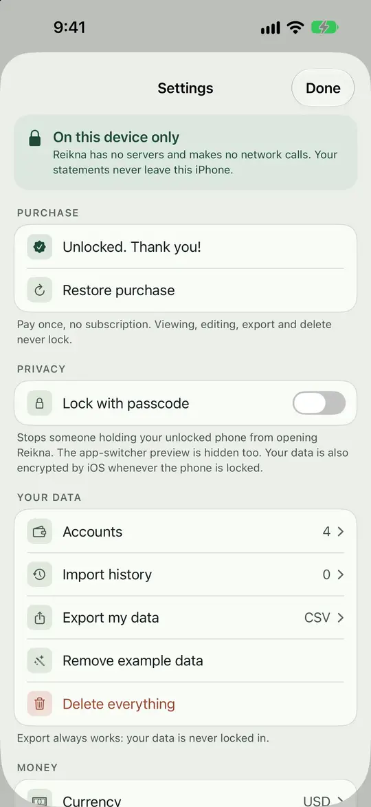 Settings, with everything stored on your device