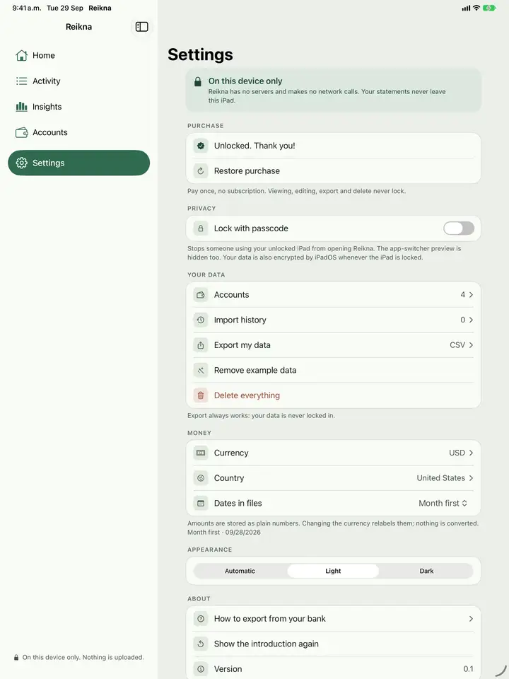 Settings, with everything stored on your device