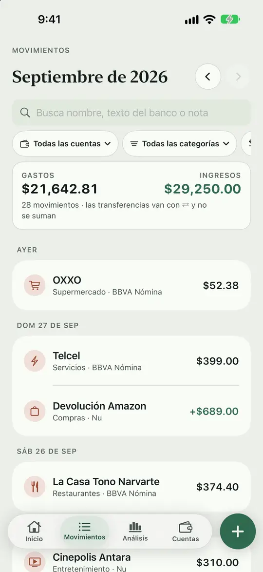 La lista de movimientos de tus transacciones