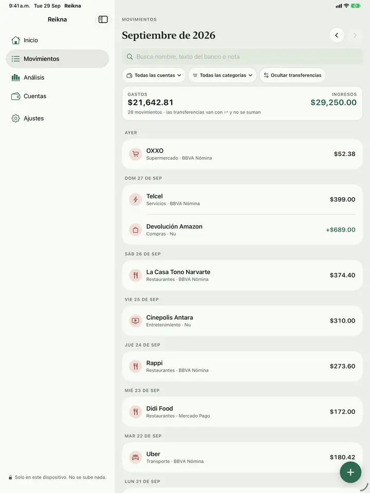 La lista de movimientos de tus transacciones