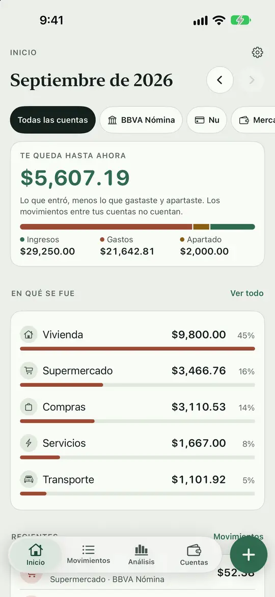 La pantalla de inicio con tu saldo y el resumen de tus gastos