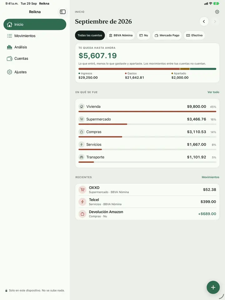 La pantalla de inicio con tu saldo y el resumen de tus gastos
