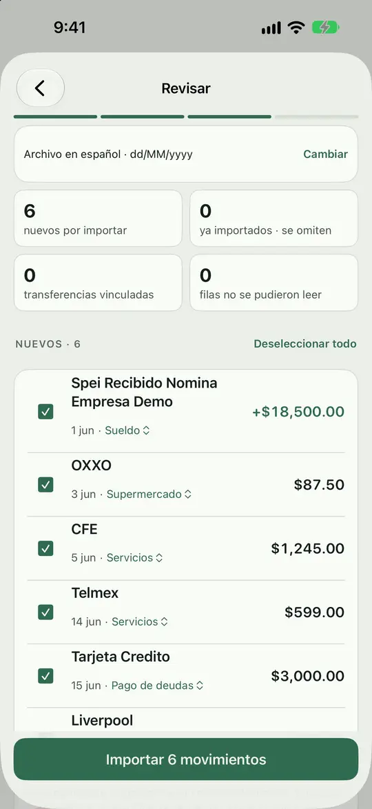 Revisión de transacciones antes de importarlas