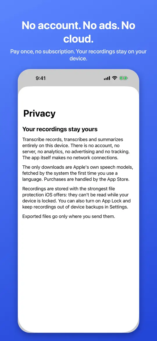 Transcribe Offline never uploads your recordings