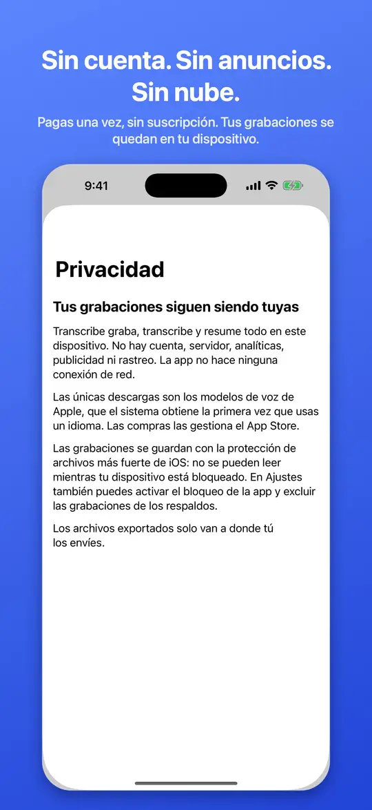 Transcribe Offline nunca sube tus grabaciones